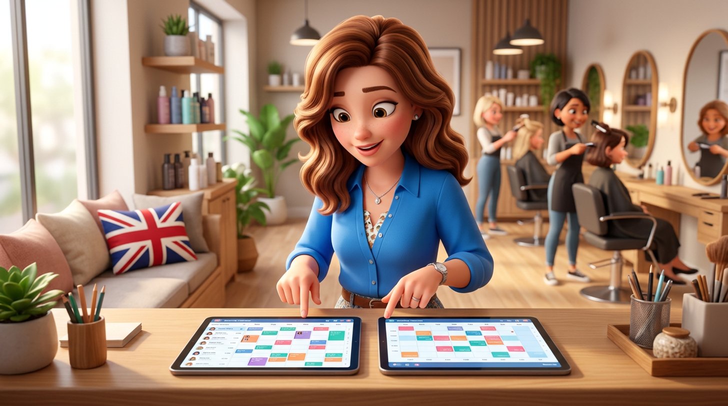 Illustration of a hair salon owner comparing two tablets side by side on her reception desk in a bright modern salon