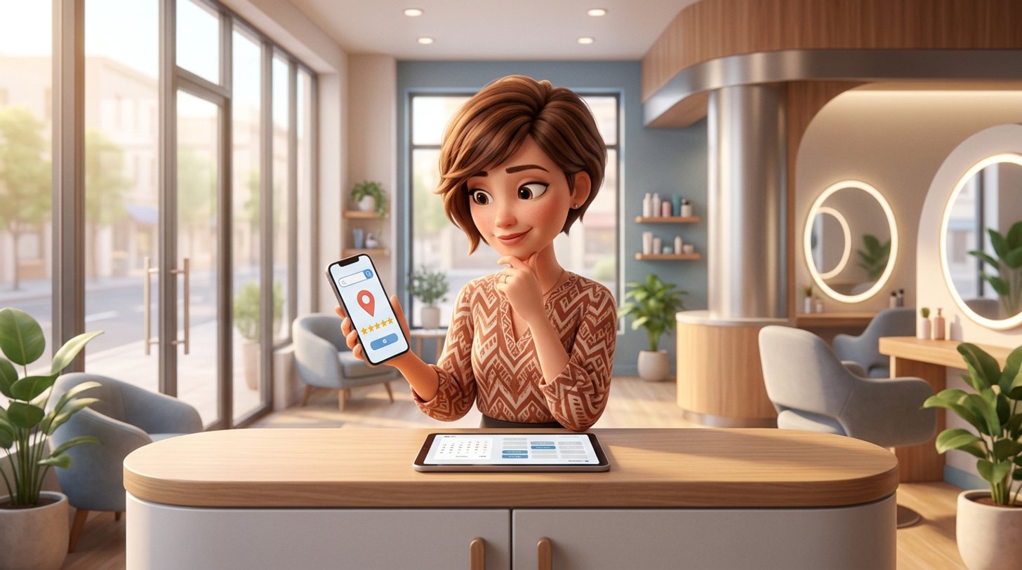 Friseursalon-Inhaberin am Empfangstresen vergleicht eine Marktplatz-App auf dem Smartphone mit der eigenen Online-Buchungsseite ihres Salons auf einem Tablet