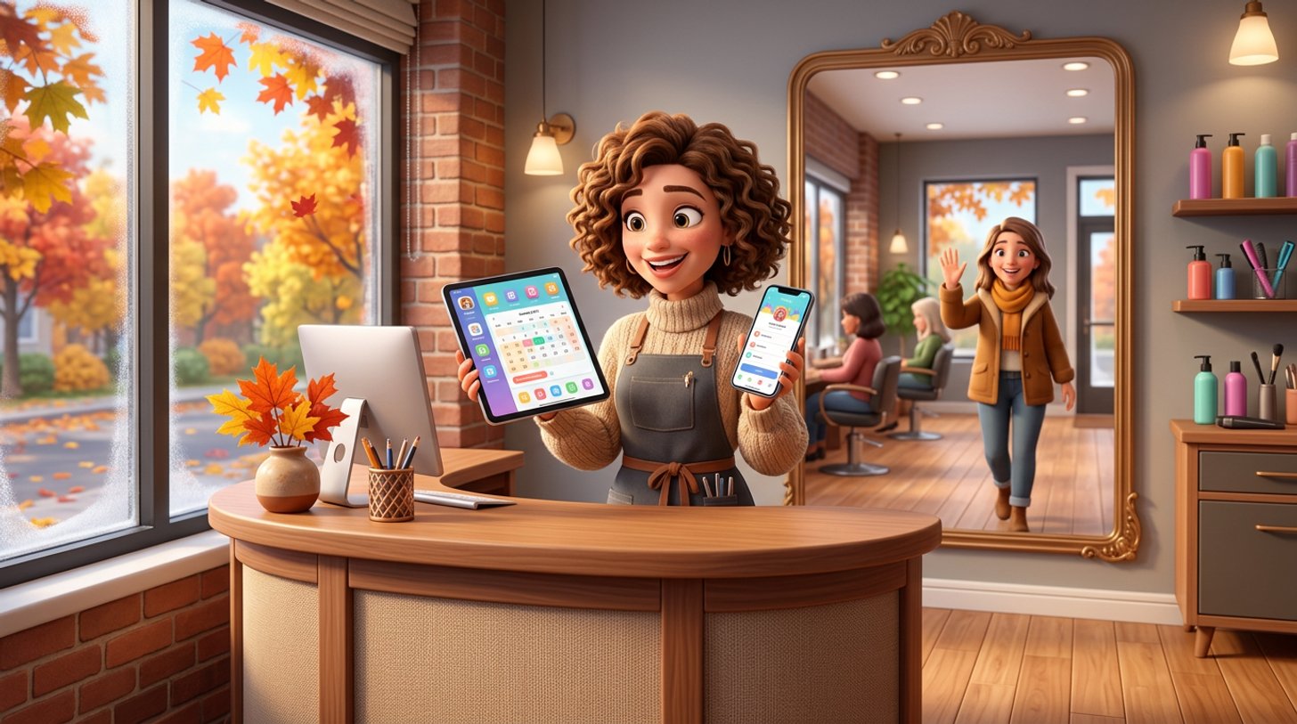A Canadian hair salon owner at her reception desk compares booking apps on a tablet and a phone while a client waves goodbye in the mirror behind her