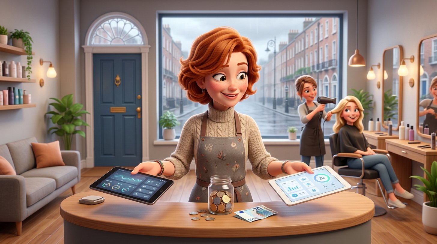 Illustration of an Irish hair salon owner at her reception desk weighing two tablets, one in each hand, over a jar of euro coins and a bill, with a Georgian doorway visible through the salon window