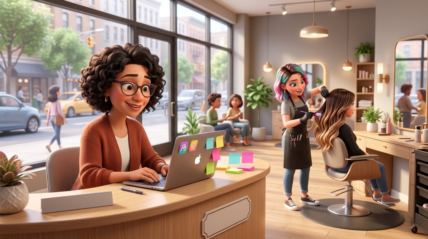 A hair salon owner compares booking apps on a laptop at her reception desk while a stylist finishes a client's balayage in a bright American salon