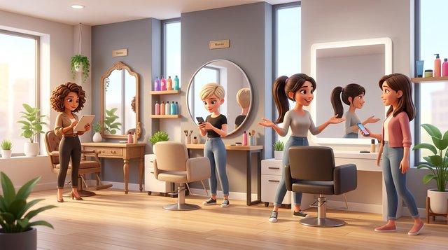 Three stylists at three personalized styling stations in a bright American salon, each checking her own phone or tablet, one welcoming a client