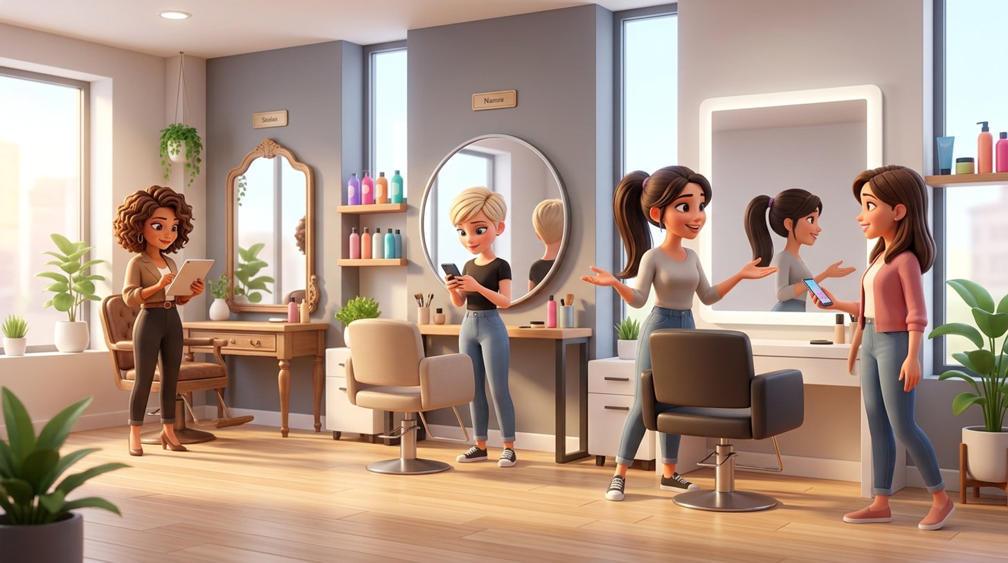 Three stylists at three personalized styling stations in a bright American salon, each checking her own phone or tablet, one welcoming a client