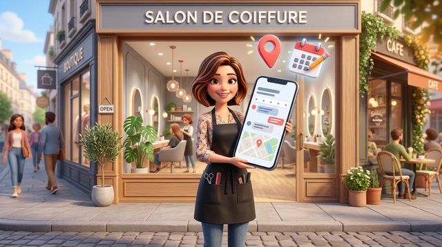 Illustration d'une coiffeuse devant son salon, montrant un smartphone surmonté d'un repère de carte et d'un calendrier