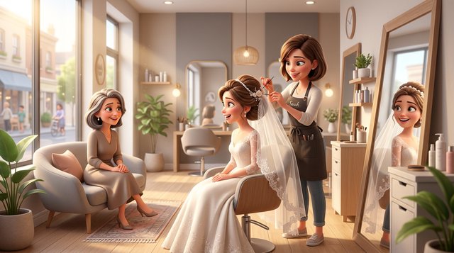 Illustration einer Friseurin, die am frühen Morgen die Hochsteckfrisur einer Braut mit Schleier vollendet, während die Brautmutter im hellen Salon auf ihren Termin wartet