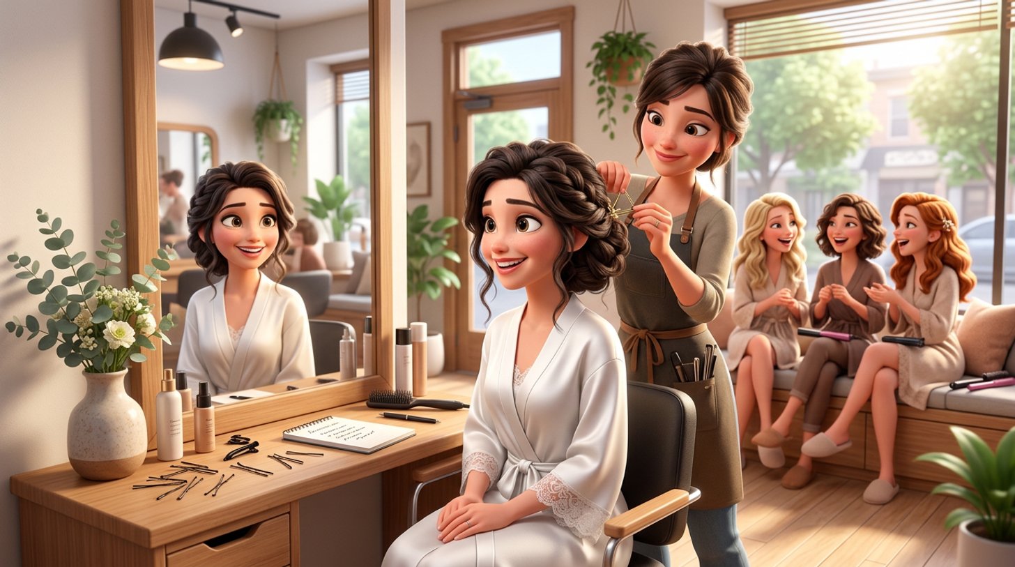 Illustration of an Australian hair stylist pinning a bride's loose updo in a sunlit salon while bridesmaids with finished hair chat near a window, a handwritten morning run sheet on the bench