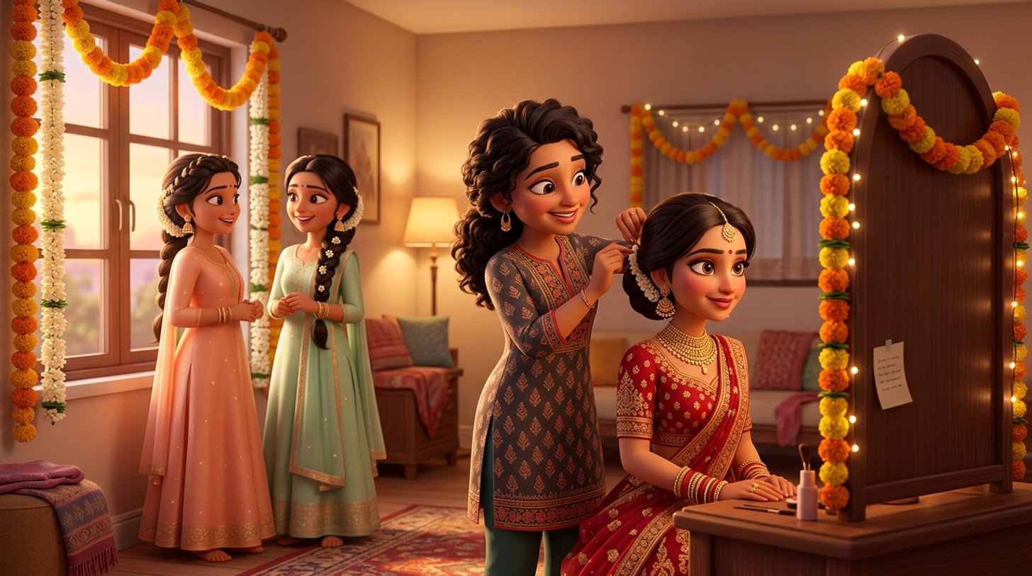 Illustration of a hair stylist pinning a bride's low bun before dawn in an Indian home, the bride in a red lehenga, two bridesmaids with finished braids waiting by a marigold-decorated window, a run sheet taped to the mirror
