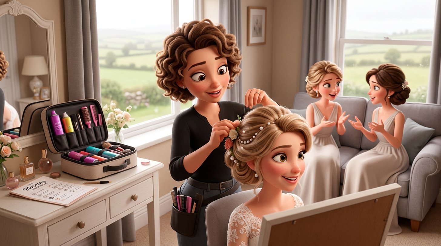A hair stylist finishes a bride's updo in a bright hotel room on an Irish wedding morning, two bridesmaids with styled hair waiting on a sofa and a printed schedule beside the open kit bag