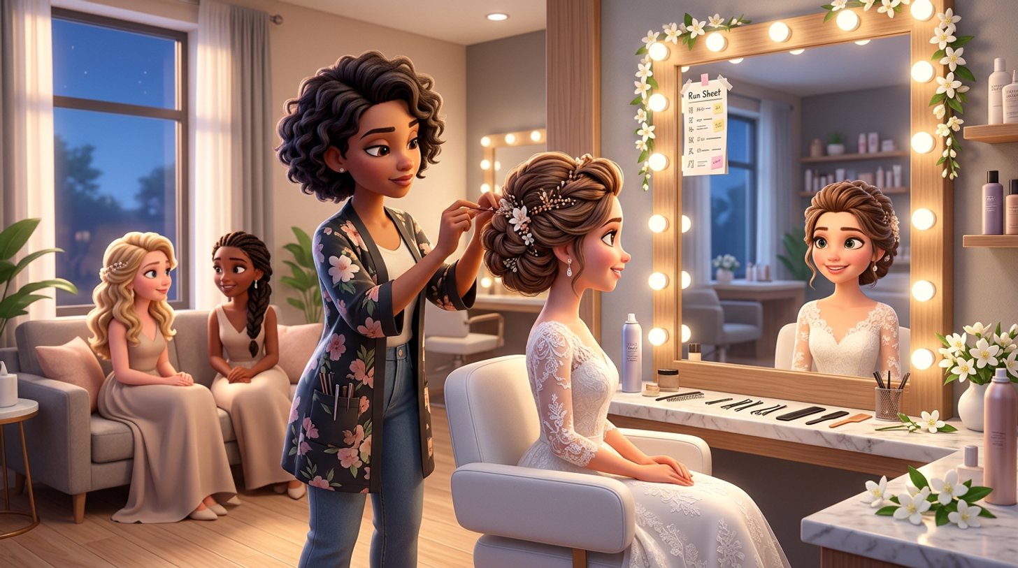 Illustration of a hair stylist pinning a bride's updo before dawn in a bright Malaysian hair salon while two bridesmaids with finished hairstyles wait on a sofa, a run sheet taped to the mirror and jasmine garlands on the counter