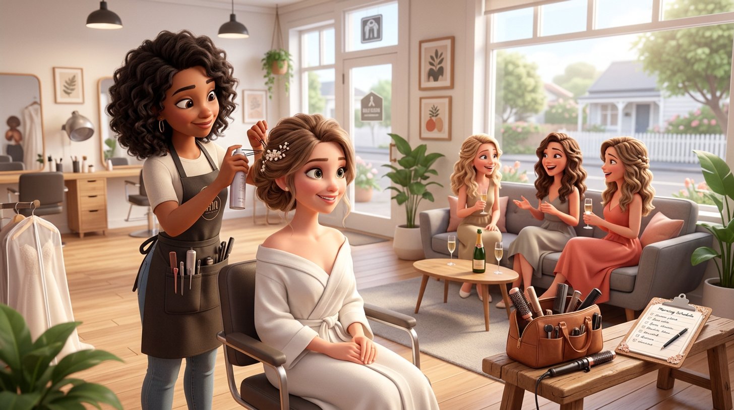 Illustration of a hair stylist pinning a bride's loose updo in a bright New Zealand salon while bridesmaids with finished waves chat on a sofa, a handwritten morning run sheet on the bench