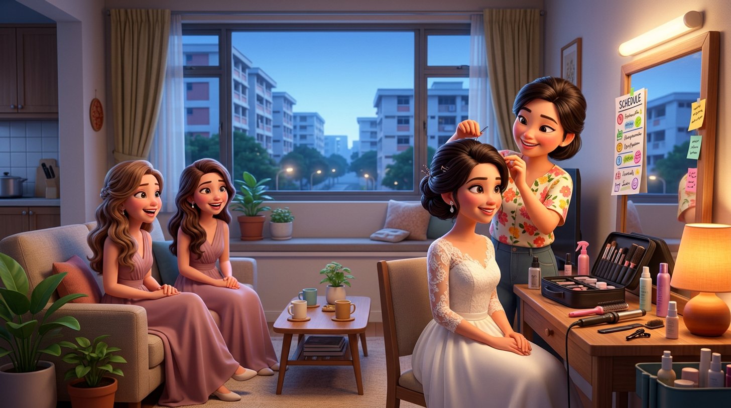 Illustration of a hair stylist finishing a bride's updo at dawn in a bright Singapore flat while two bridesmaids with completed hairstyles wait by the window, a run sheet taped to the mirror