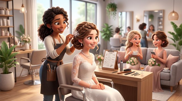 Illustration of a hair stylist finishing a bride's updo in a bright salon while two bridesmaids with finished hairstyles wait on a sofa, a timing schedule on a clipboard nearby