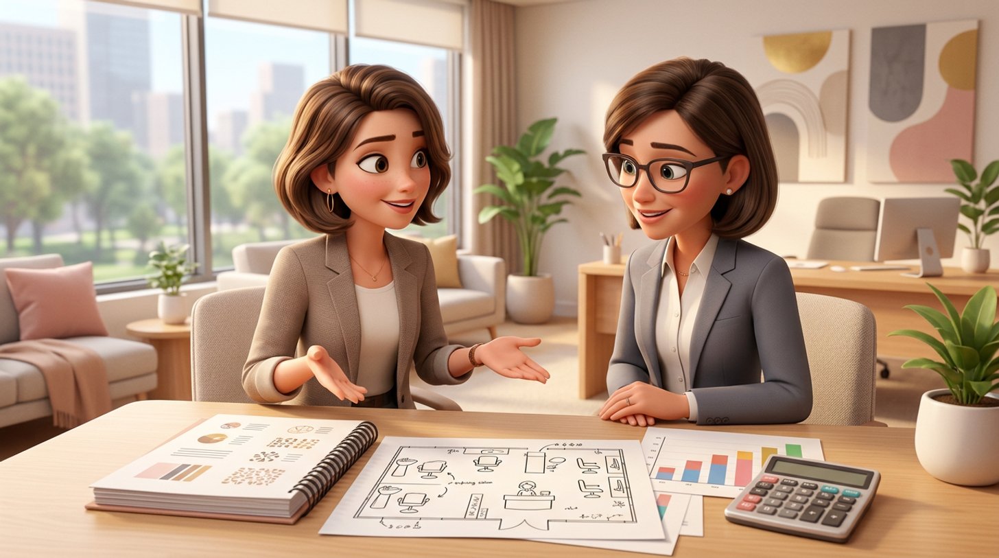 Illustration d'une future gérante de salon de coiffure présentant son dossier à une banquière attentive, plan du salon et graphiques prévisionnels posés sur le bureau