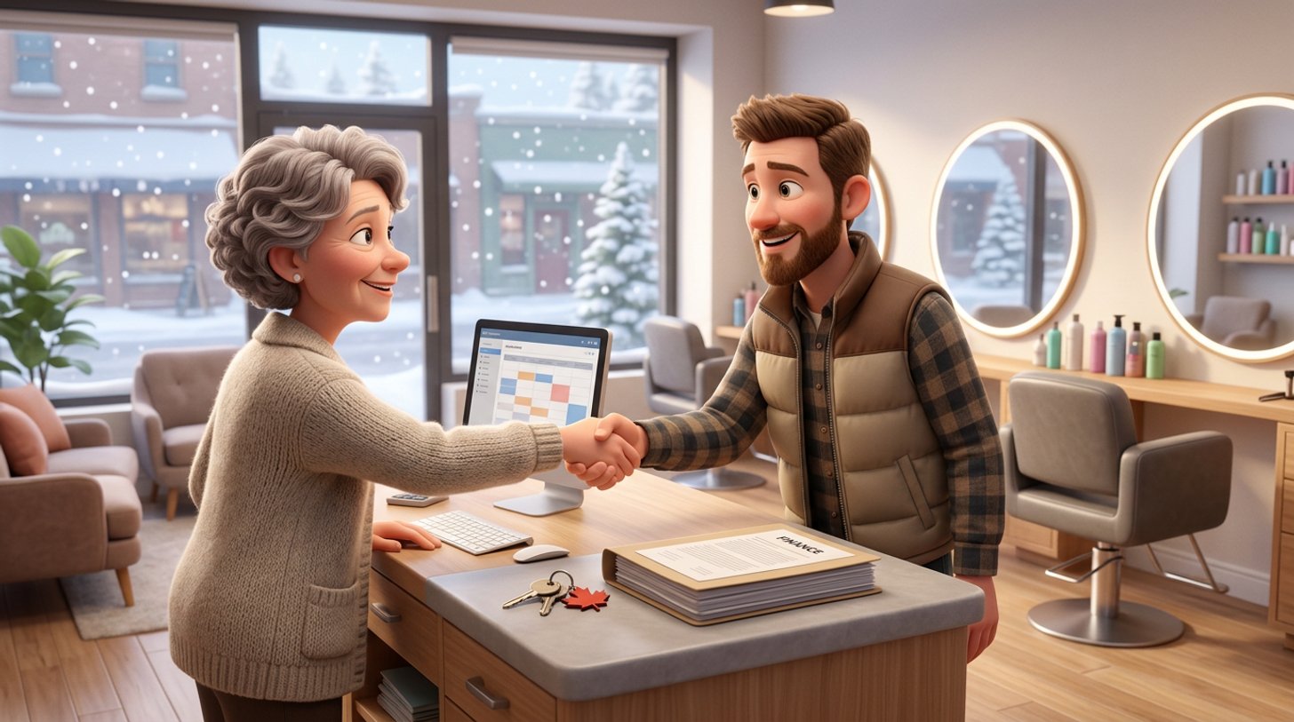 A prospective buyer and a retiring owner shake hands over a folder of documents and a set of keys at the reception desk of a bright Canadian hair salon, snow falling outside the window