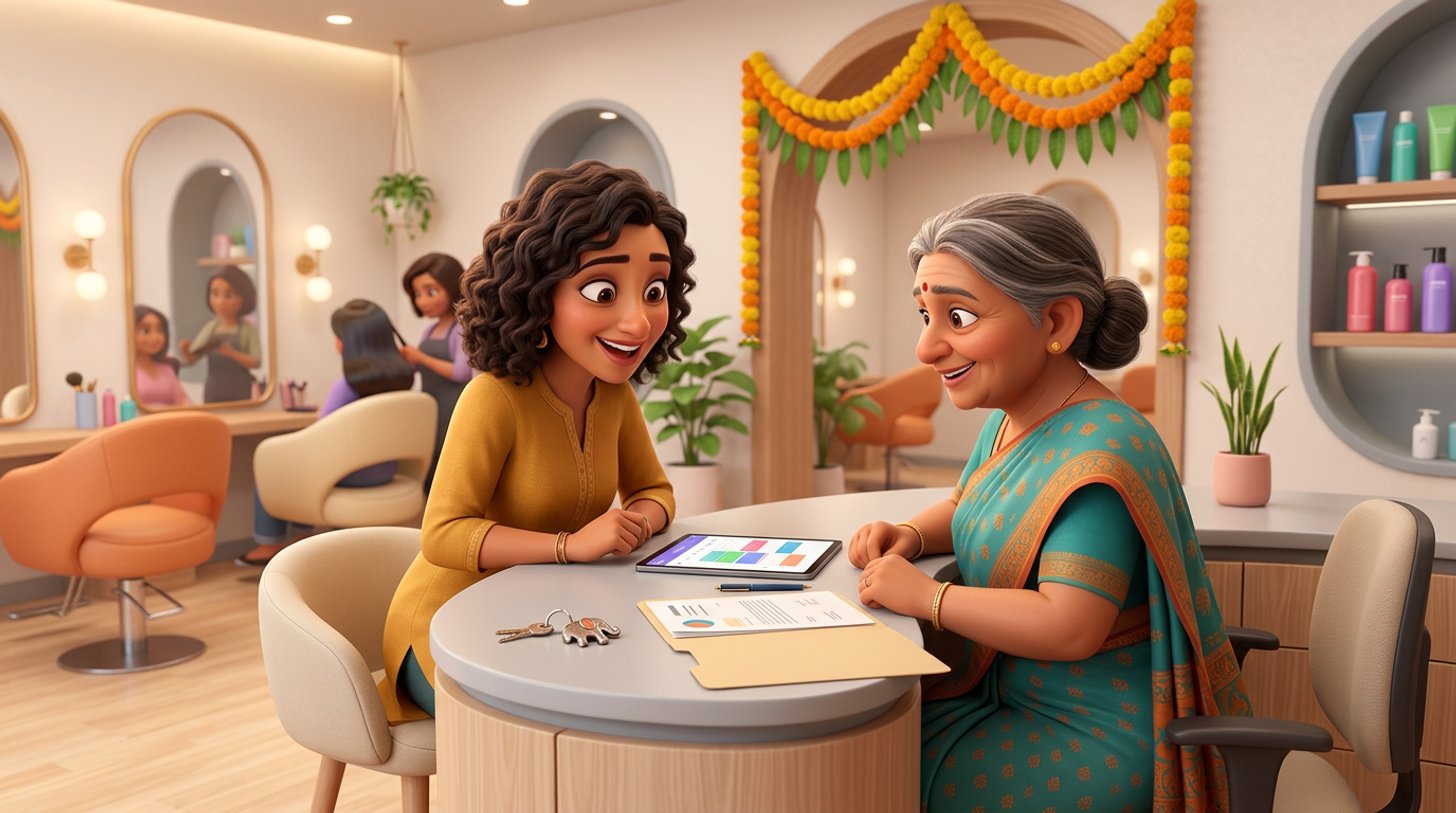 A prospective buyer and the departing owner of an Indian hair salon review the appointment calendar on a tablet at the reception desk, lease papers and shop keys on the counter between them