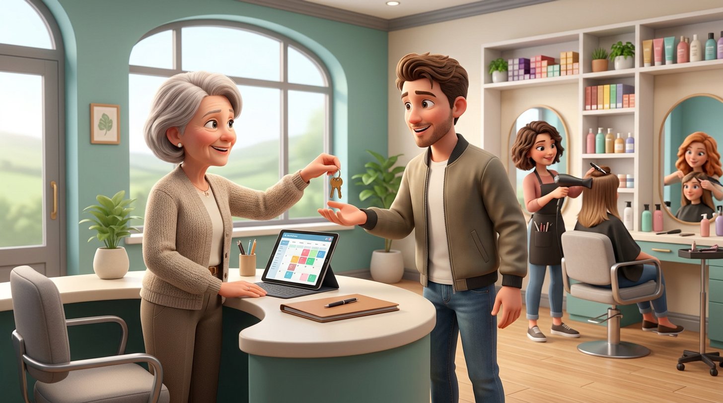 A departing owner hands the salon keys to the new owner at the reception desk of a bright Irish hair salon, stylists and a wall of colour products in the background