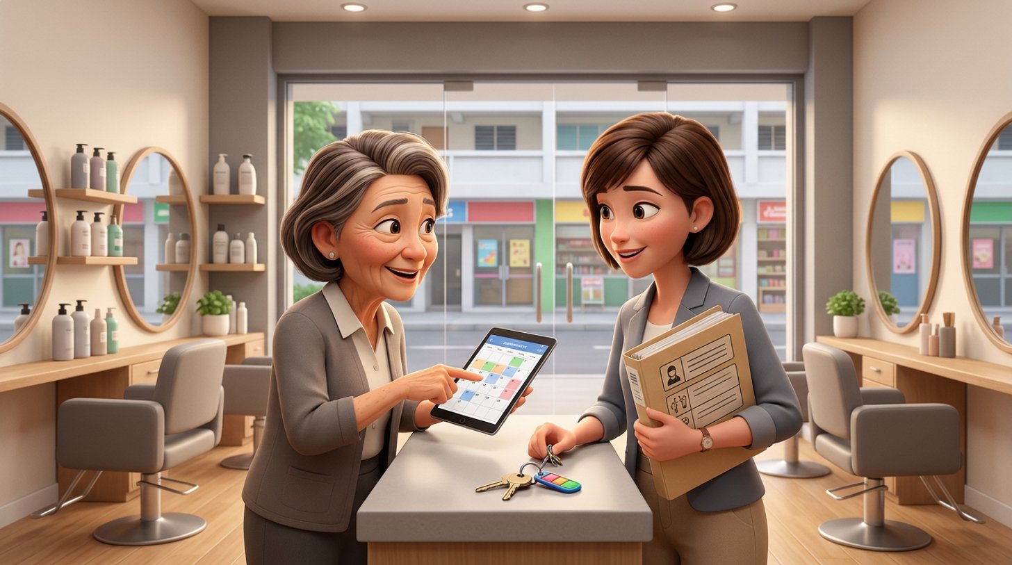 A buyer and the departing owner of a Singapore hair salon go through the appointment calendar and lease documents on a tablet at the reception desk, shop keys and a folder between them, an HDB shopfront visible through the window