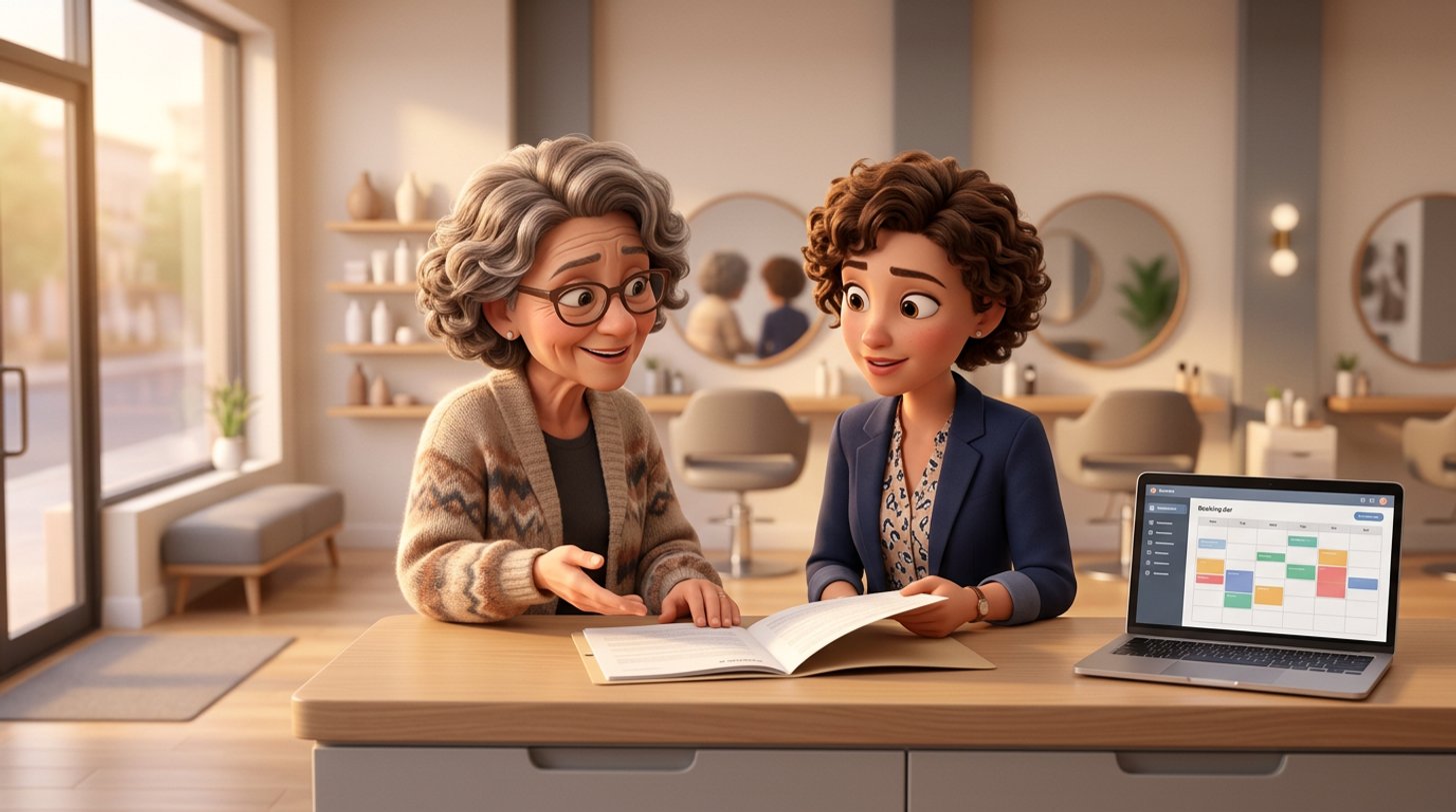 A prospective buyer and a retiring salon owner review a folder of financial documents together at the reception desk of a bright American hair salon