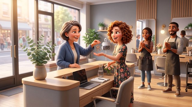 A departing owner hands the keys of a sunlit Australian hair salon to the new owner at the front desk while two stylists look on warmly from their chairs