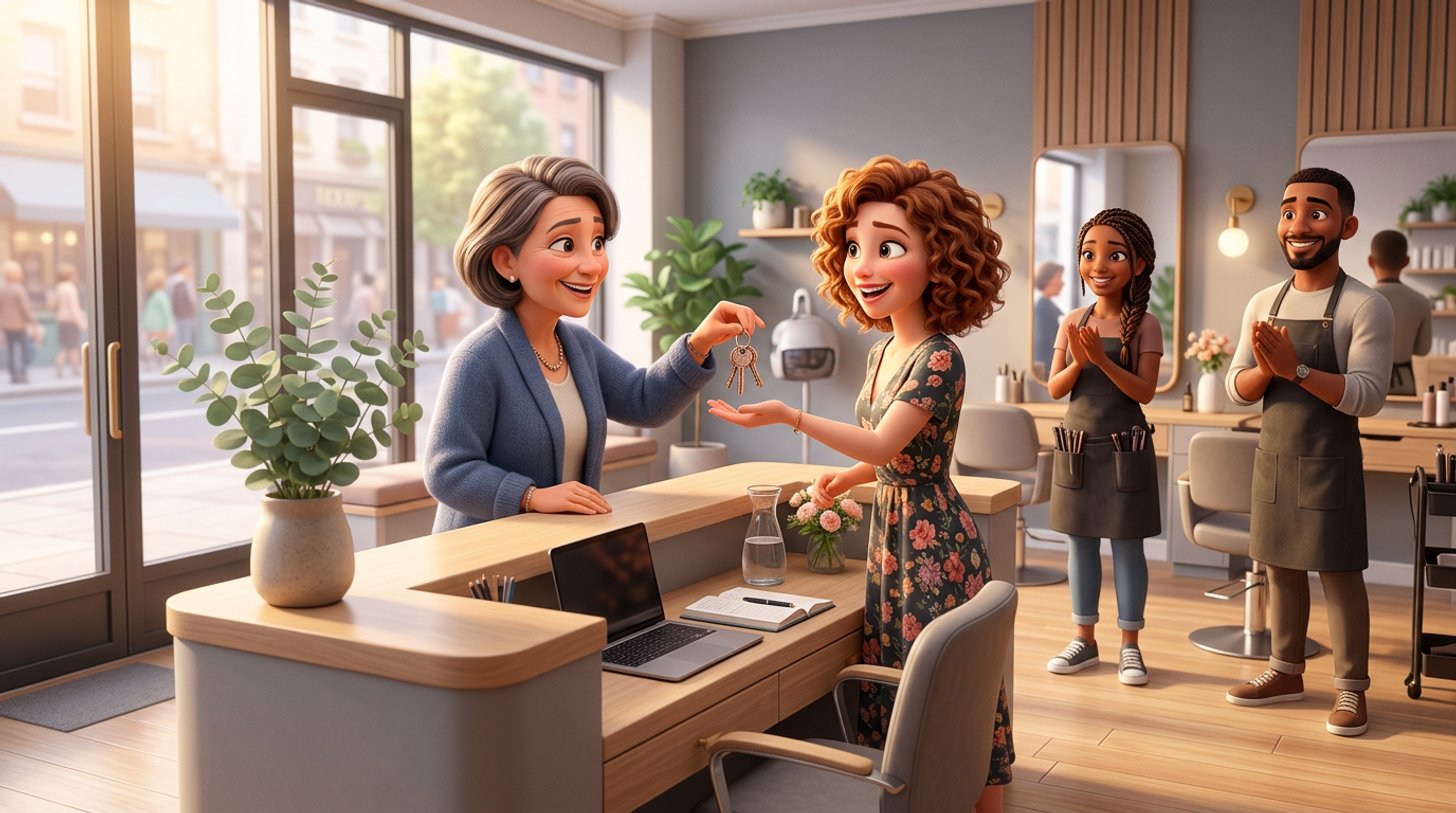A departing owner hands the keys of a sunlit Australian hair salon to the new owner at the front desk while two stylists look on warmly from their chairs