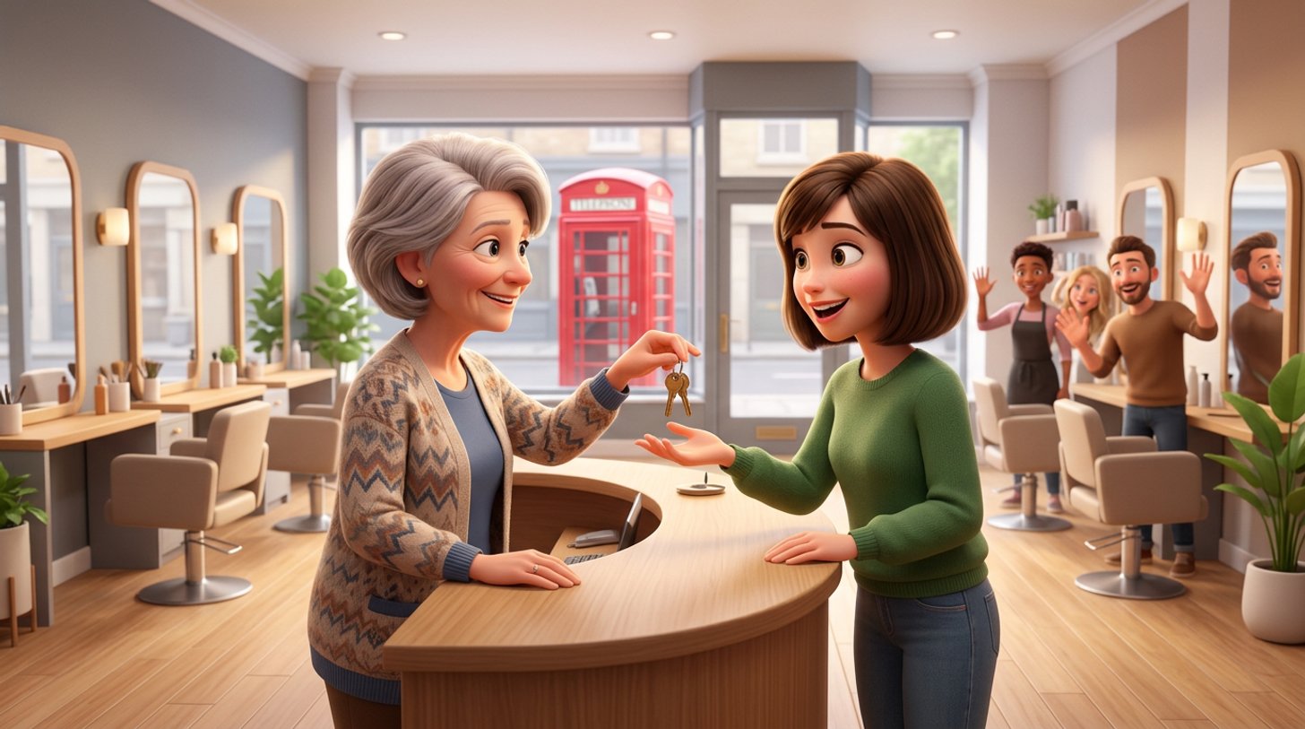 A departing salon owner hands the keys of a bright British hair salon to the new owner at the reception desk while the styling team smiles in the background