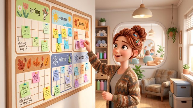 Une gérante de salon de coiffure punaise des notes colorées sur un grand calendrier mural annuel dans l'arrière-boutique de son salon