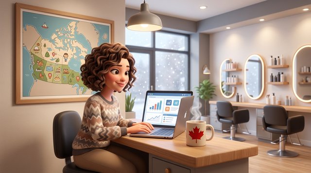 Illustration of a hair salon owner at the reception desk comparing software on a laptop, a maple leaf mug beside the keyboard and a framed map of Canada on the wall, snow falling outside