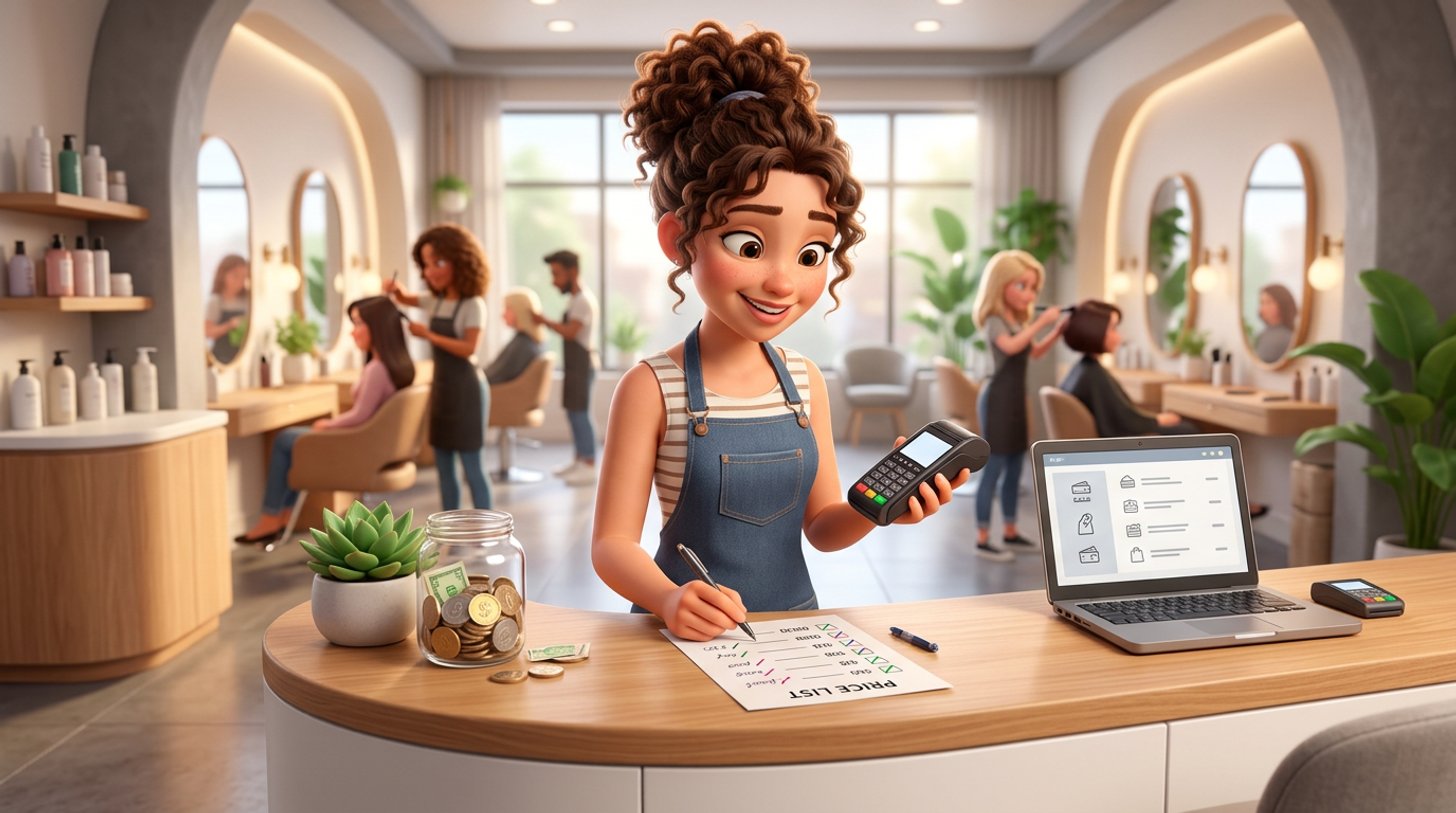 A hair salon owner at the reception desk holds a card terminal while updating the printed price list of her bright modern Australian salon