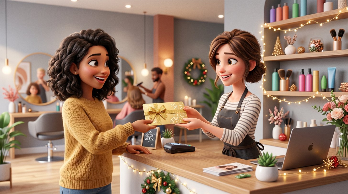 Illustration d'une cliente qui offre une carte-cadeau ornée d'un ruban doré à la coiffeuse au comptoir d'un salon lumineux décoré pour les fêtes