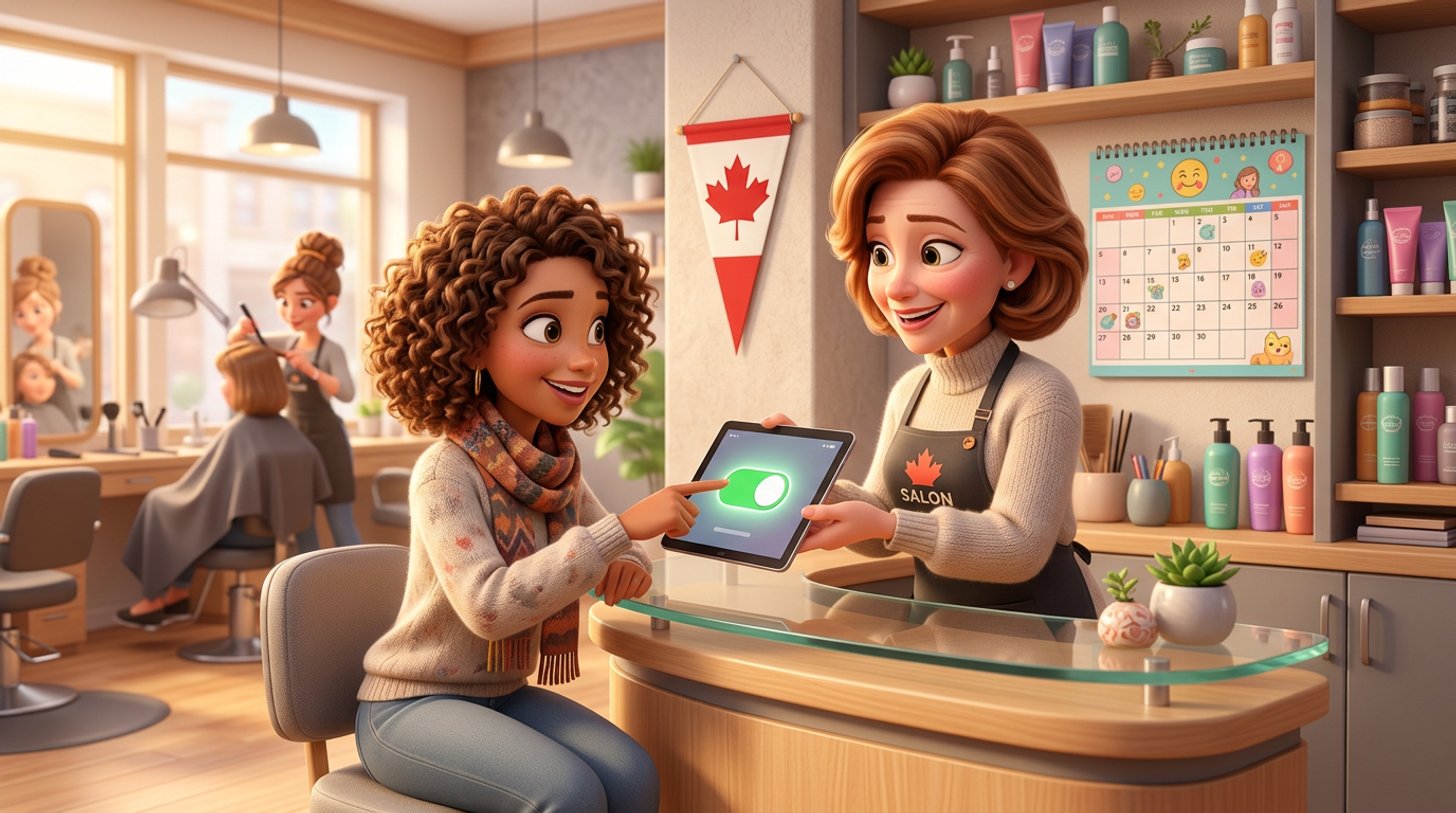 A hair salon owner at the reception desk offers a tablet to a smiling client who taps an opt-in toggle, in a bright modern Canadian salon