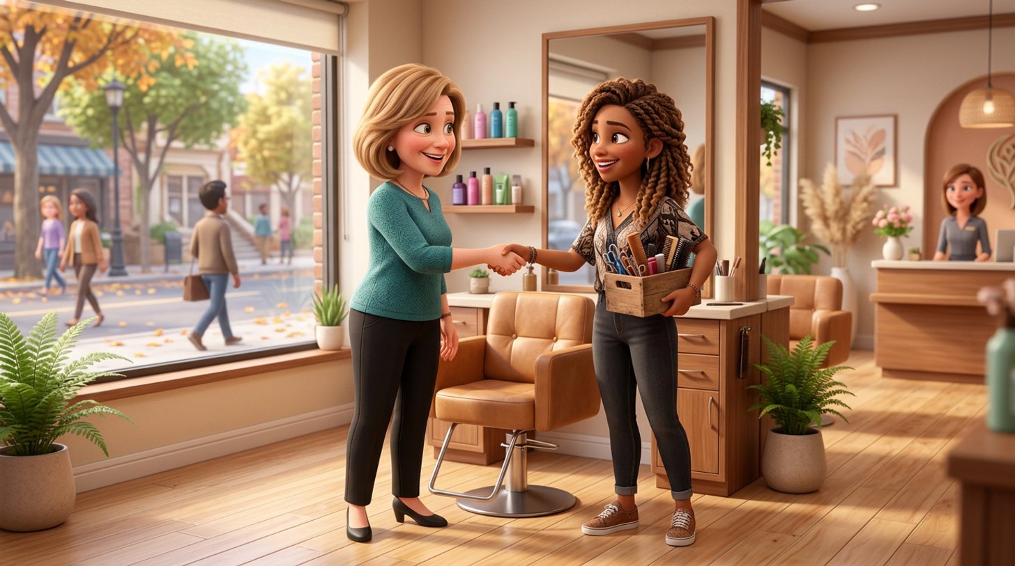 A salon owner shakes hands with an independent stylist beside an empty styling chair in a bright Canadian hair salon, the stylist carrying her own box of scissors and brushes