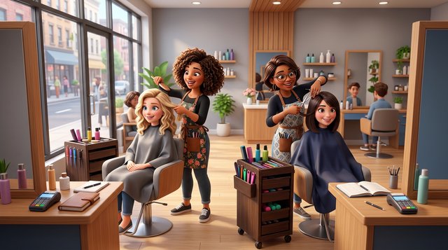 Two independent stylists at neighbouring stations in a bright Irish hair salon, each with her own appointment book and card terminal beside her chair