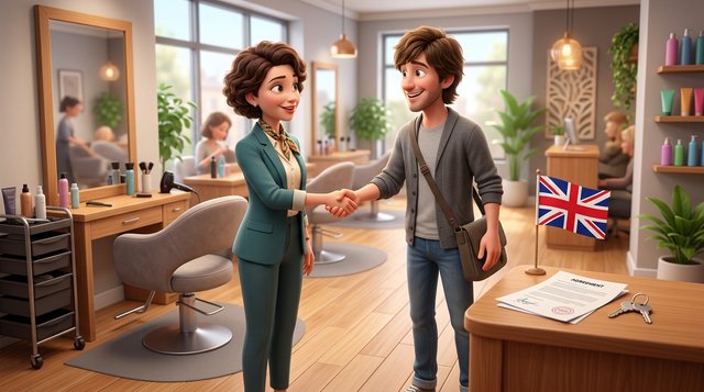 Illustration of a salon owner shaking hands with a self-employed stylist beside an empty styling chair in a bright modern hair salon