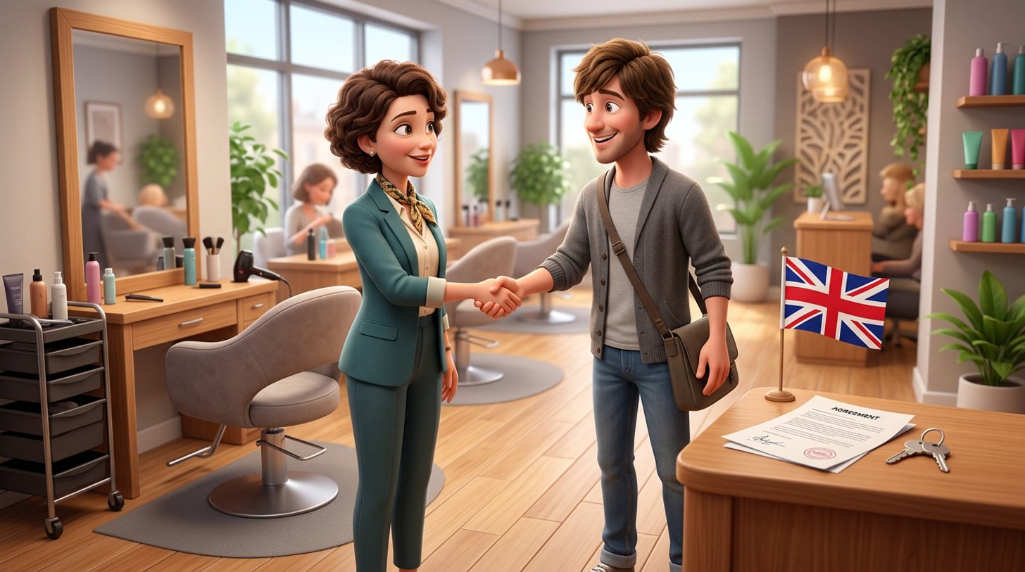 Illustration of a salon owner shaking hands with a self-employed stylist beside an empty styling chair in a bright modern hair salon