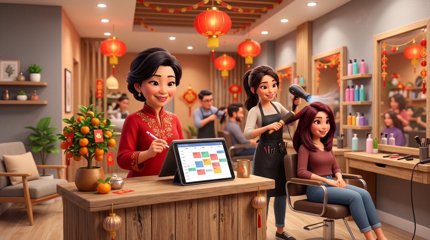 A Malaysian hair salon owner checks a fully booked tablet calendar at the reception desk while a stylist blow-dries a client's fresh colour, red lanterns and a mandarin orange plant decorating the salon for Chinese New Year