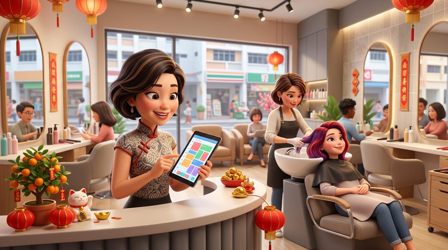 A Singapore salon owner reviews a fully booked tablet diary while a stylist finishes a client's fresh colour, the salon decorated with red lanterns and mandarin orange plants for Chinese New Year
