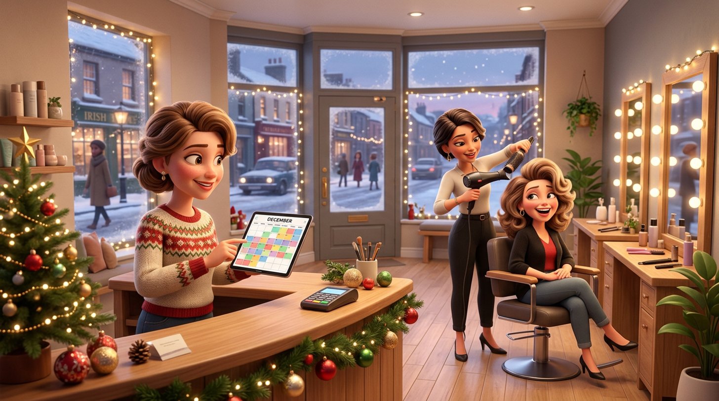 A salon owner checks a fully booked December diary on a tablet while a stylist finishes a festive blow-dry, the Irish salon decorated with fairy lights and a small Christmas tree