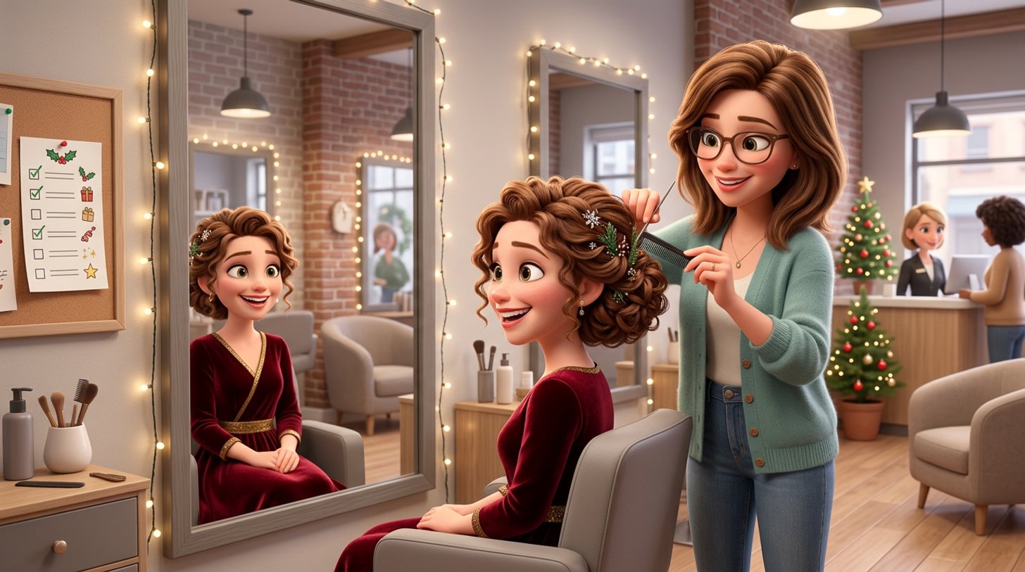 A stylist finishes an elegant party updo for a smiling client in a UK hair salon decorated with fairy lights and a small Christmas tree by the reception desk