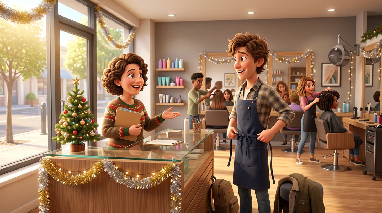 A salon owner welcomes a new casual hairdresser tying on an apron at reception in a tinsel-decorated Australian hair salon, with stylists working at busy chairs behind them