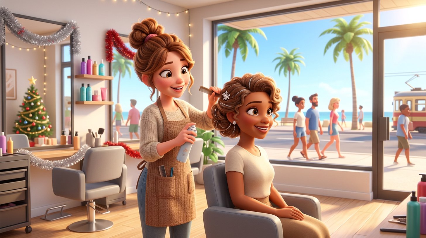 A hairdresser puts the finishing touches on a client's festive blow-wave in a sunlit salon decorated with tinsel, with a bright summer street visible through the window