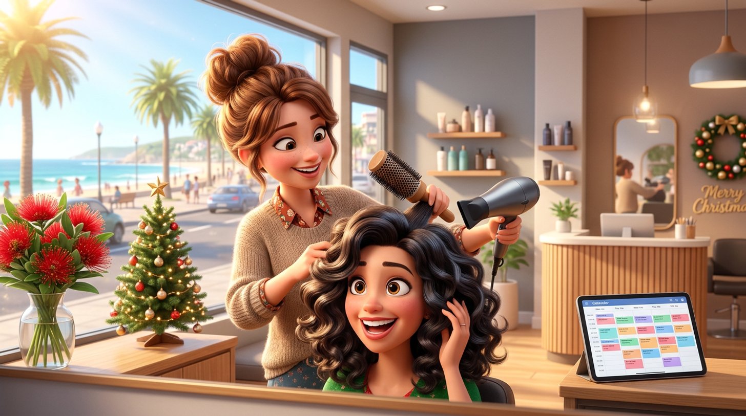 A hairdresser finishes a festive blow-wave for a smiling client in a sunlit hair salon decorated with a small Christmas tree and red pohutukawa flowers, with a bright summer street visible through the window