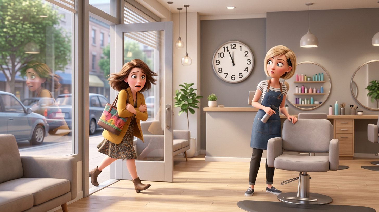 Illustration d'une cliente pressée arrivant devant un salon de coiffure pendant qu'une coiffeuse regarde l'horloge murale à côté d'un fauteuil vide