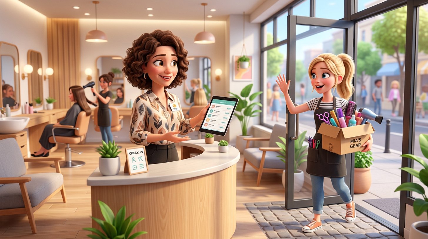 An Australian salon owner at reception holds a tablet showing her client list while a departing stylist carries a box of her own scissors and brushes towards the door
