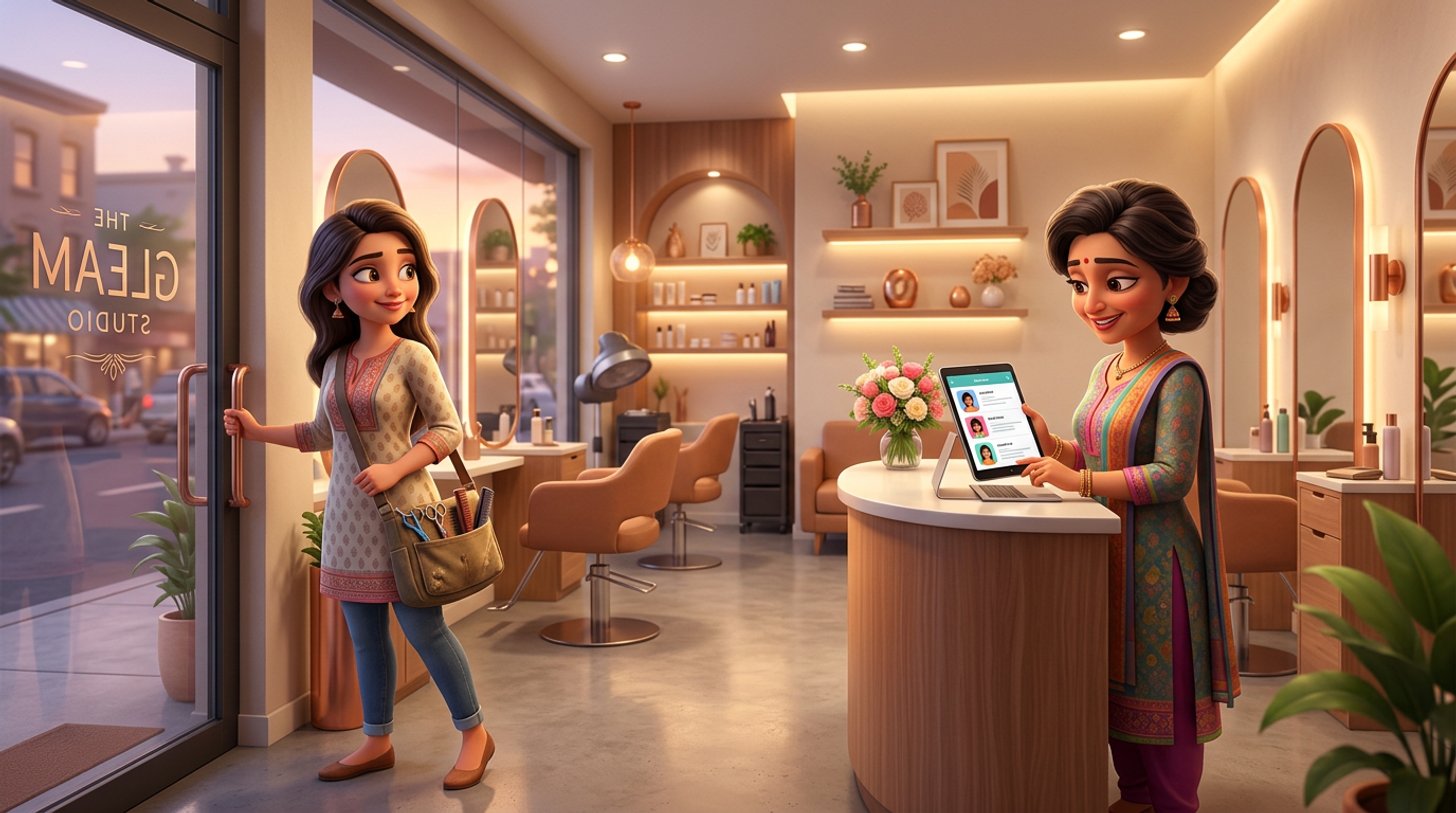 An Indian hair salon owner at the reception desk holds a tablet showing the salon's client list while a departing stylist near the door carries her scissors kit and glances back