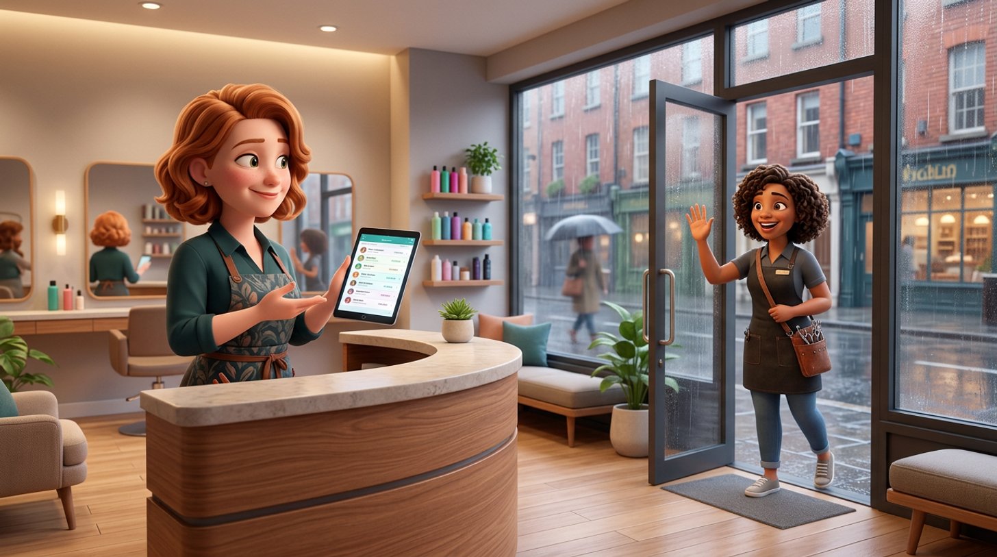 An Irish salon owner at reception holds a tablet showing her client list while a departing stylist with her scissors case waves goodbye at the door, a rainy street visible through the window