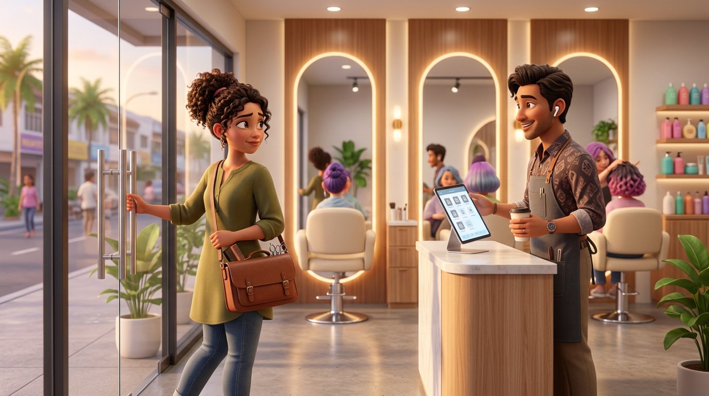 A departing stylist with her scissors bag looks back from the glass door of a Malaysian shoplot hair salon while the owner at the reception desk holds a tablet showing the client list