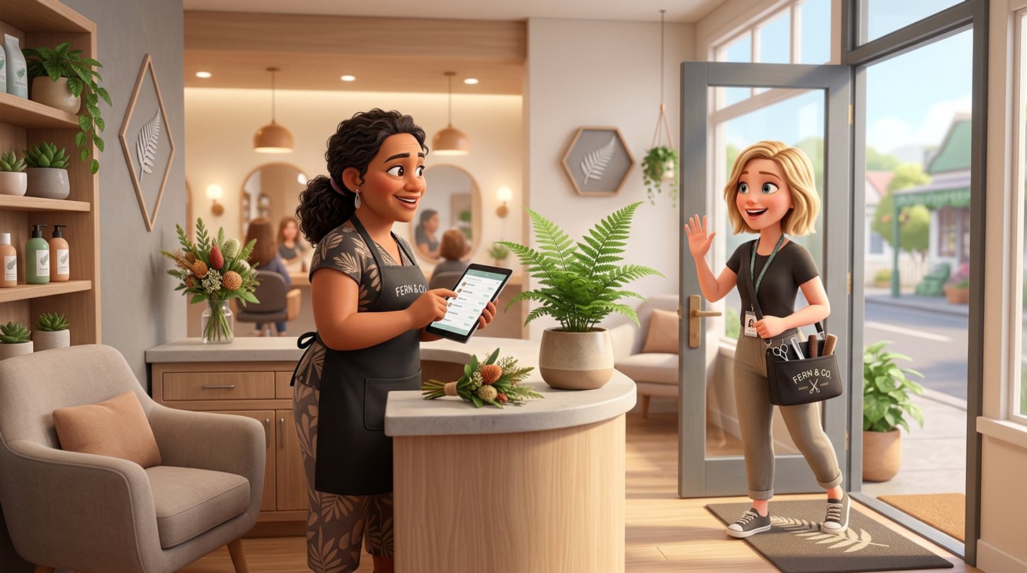 A New Zealand salon owner at reception holds a tablet showing her client list while a departing stylist near the door carries her own kit bag of scissors and waves goodbye
