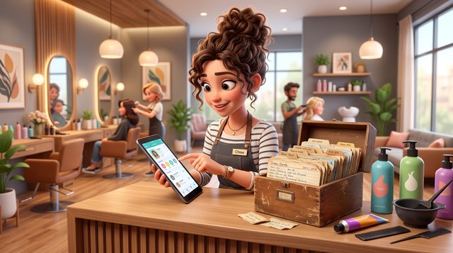 A hairdresser at a salon reception desk scrolls through a client's notes on a tablet, a box of dog-eared paper record cards and colour tubes beside her on the counter