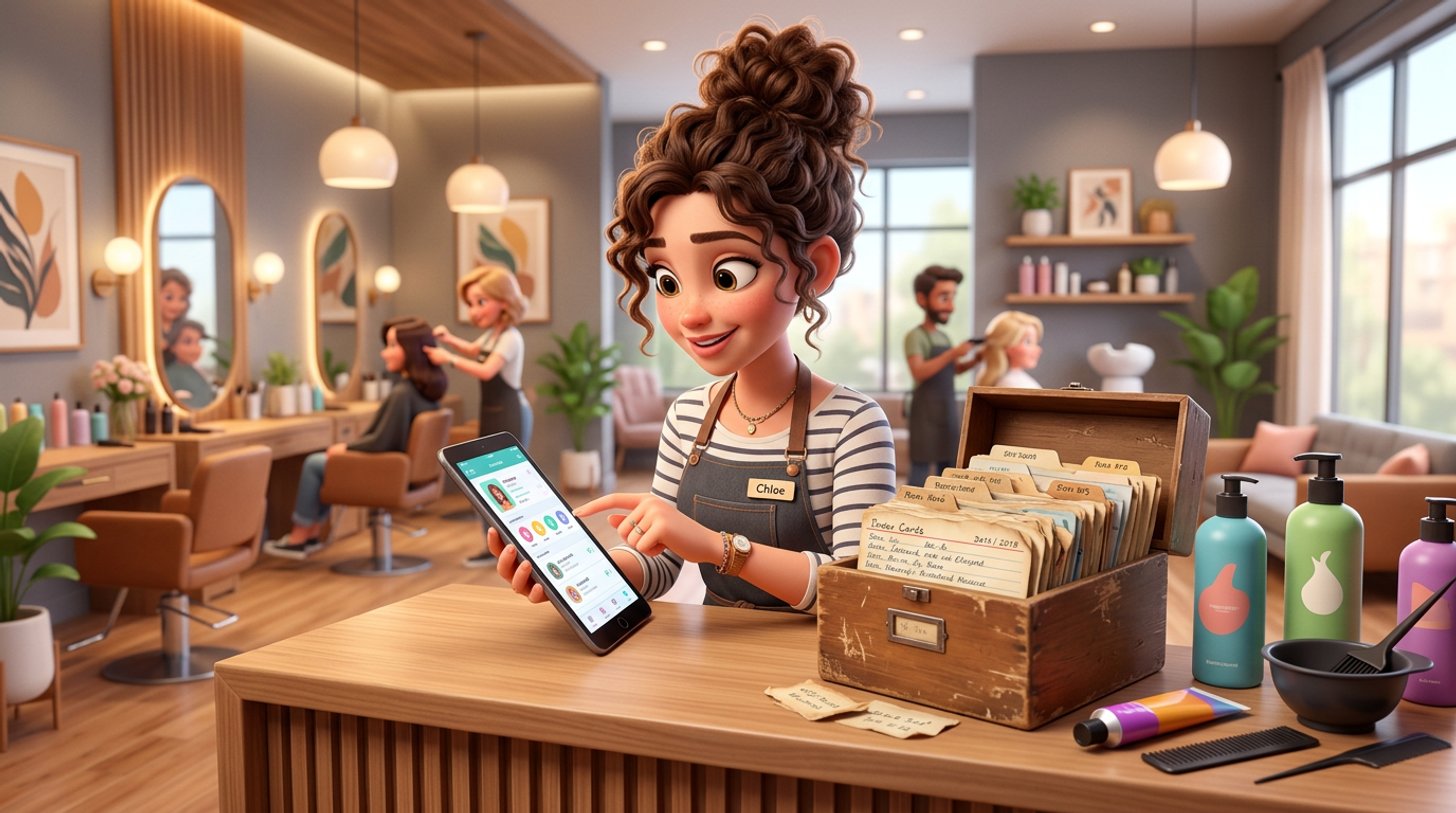 A hairdresser at a salon reception desk scrolls through a client's notes on a tablet, a box of dog-eared paper record cards and colour tubes beside her on the counter