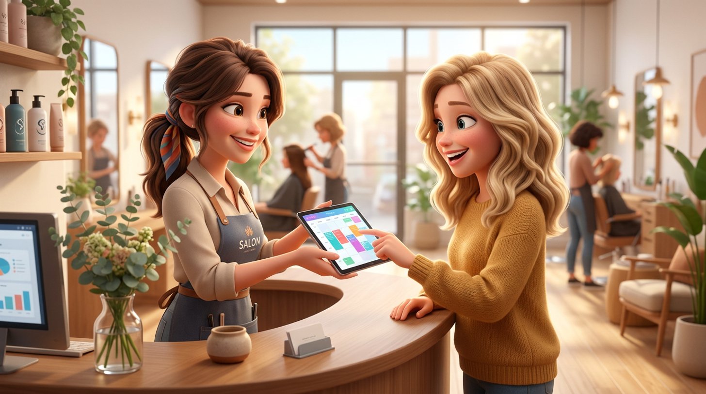A hairstylist at the front counter of a bright Australian hair salon offers a smiling client her next appointment, the booking calendar open on a tablet between them